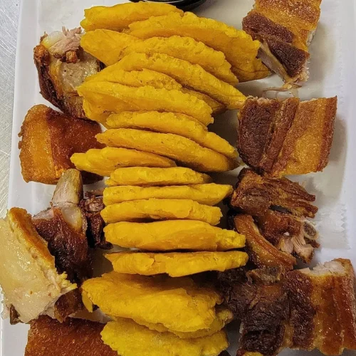 Chicharron with Tostones - Fried pork with plantains