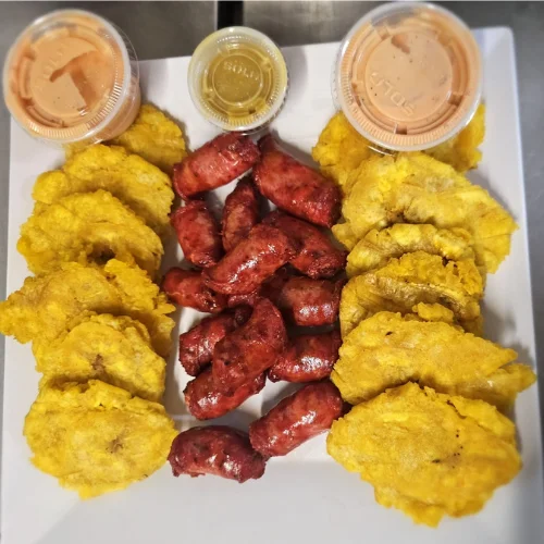 Longaniza with Tostones - Sausage with fried plantains
